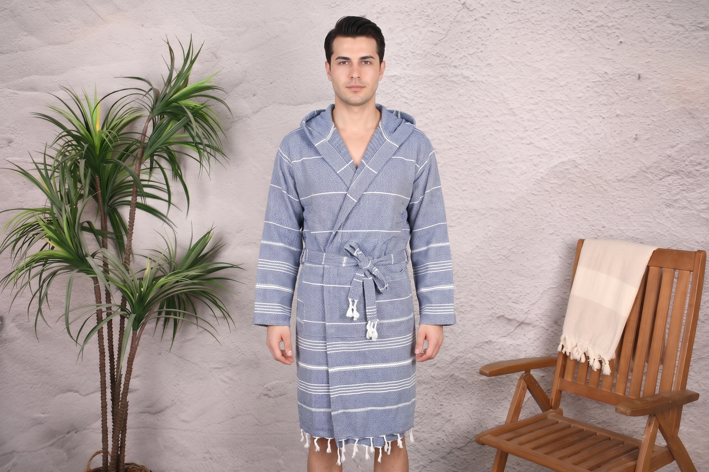 Navy Double Stripe Hooded Turkish Towel Robe for Men