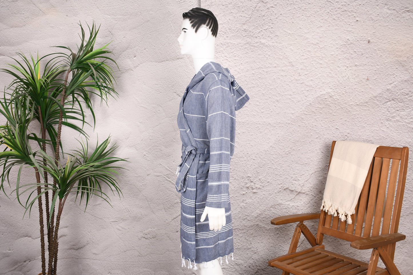 Navy Double Stripe Hooded Turkish Towel Robe for Men