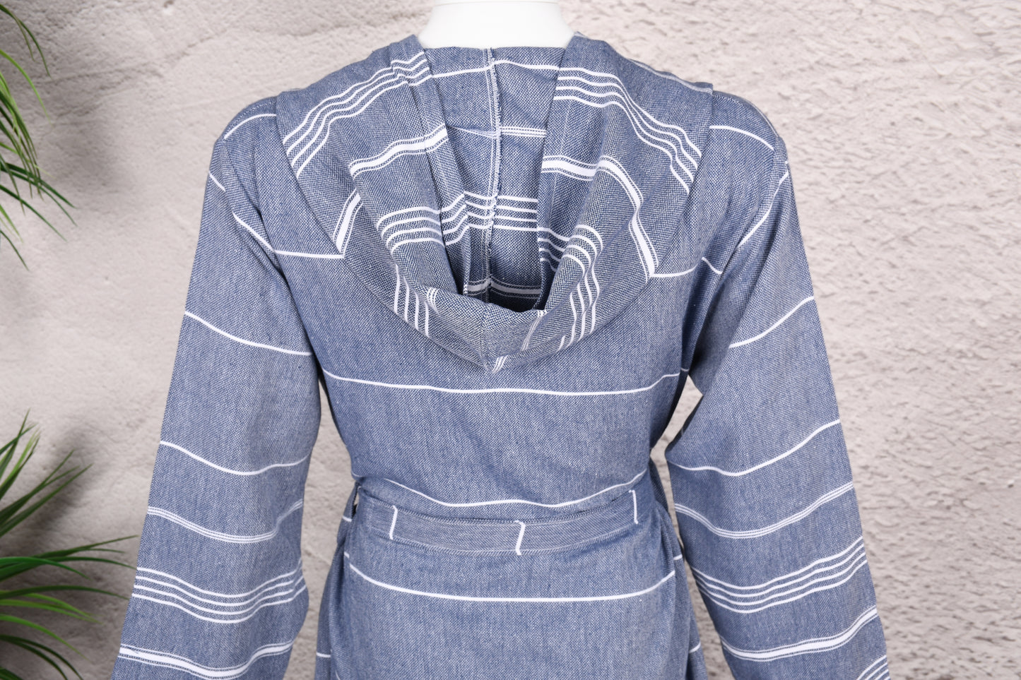 Navy Double Stripe Hooded Turkish Towel Robe for Men