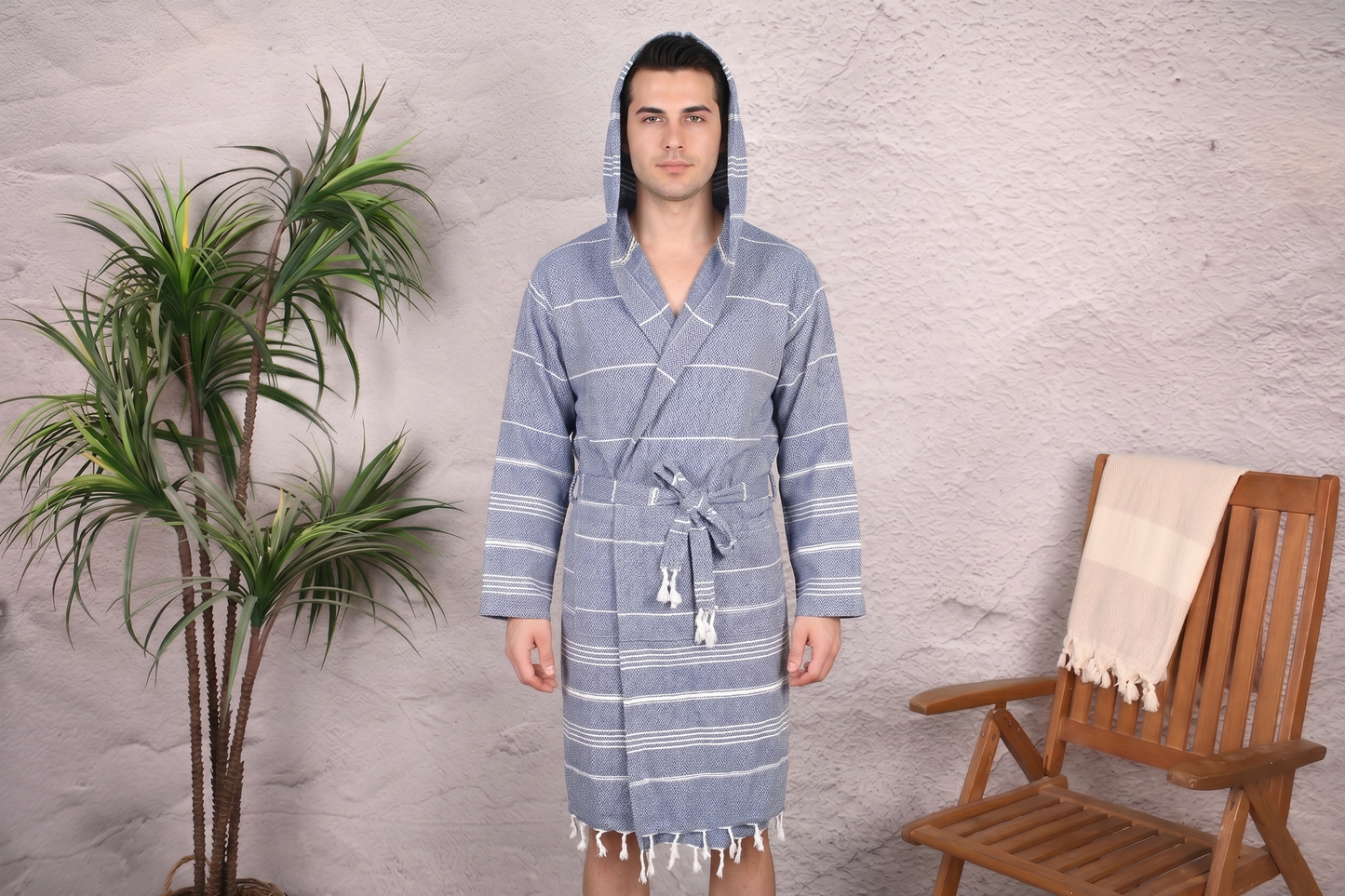 Slate Blue Classic Stripe Hooded Turkish Towel Robe for Men