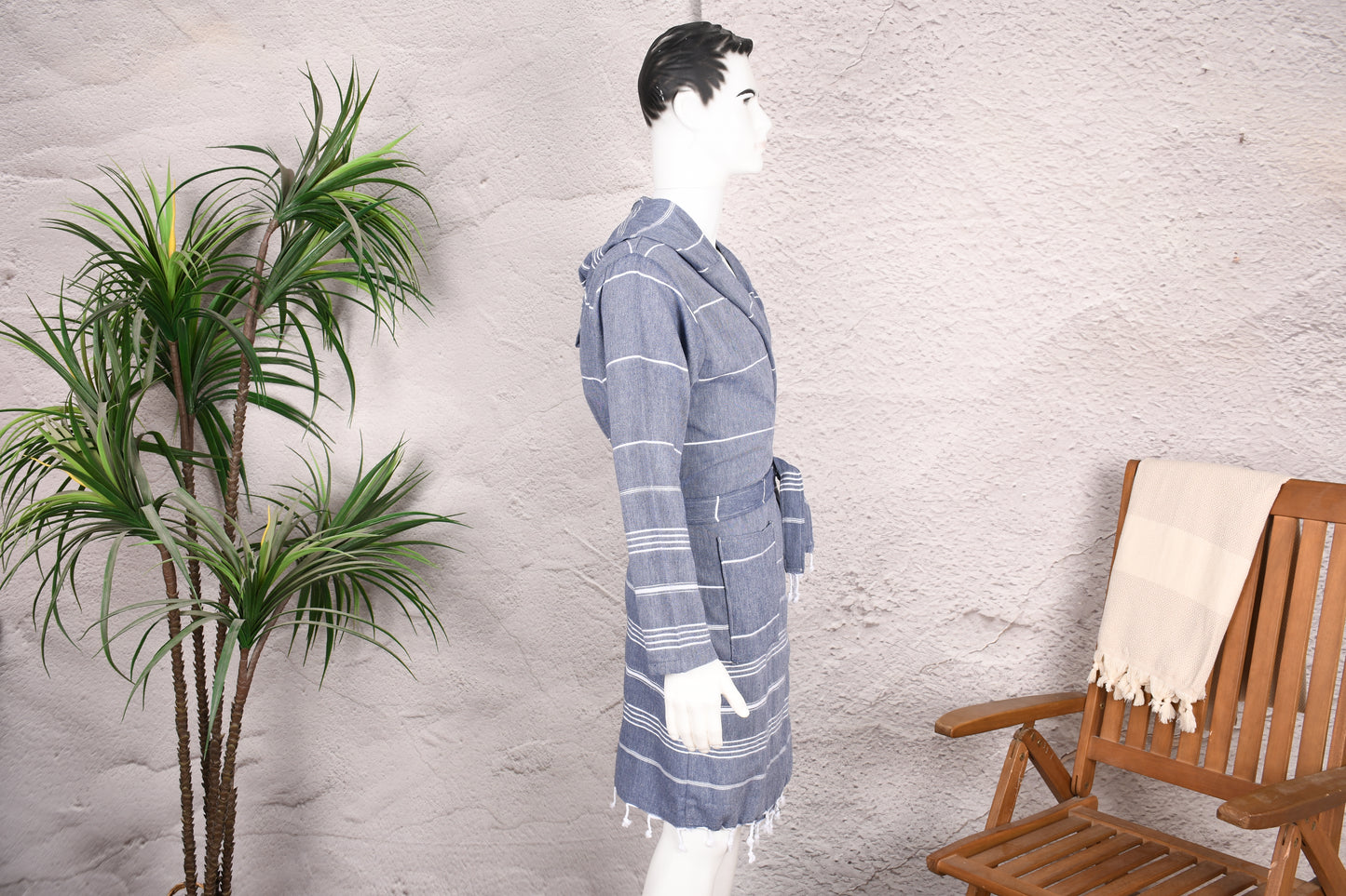 Slate Blue Classic Stripe Hooded Turkish Towel Robe for Men