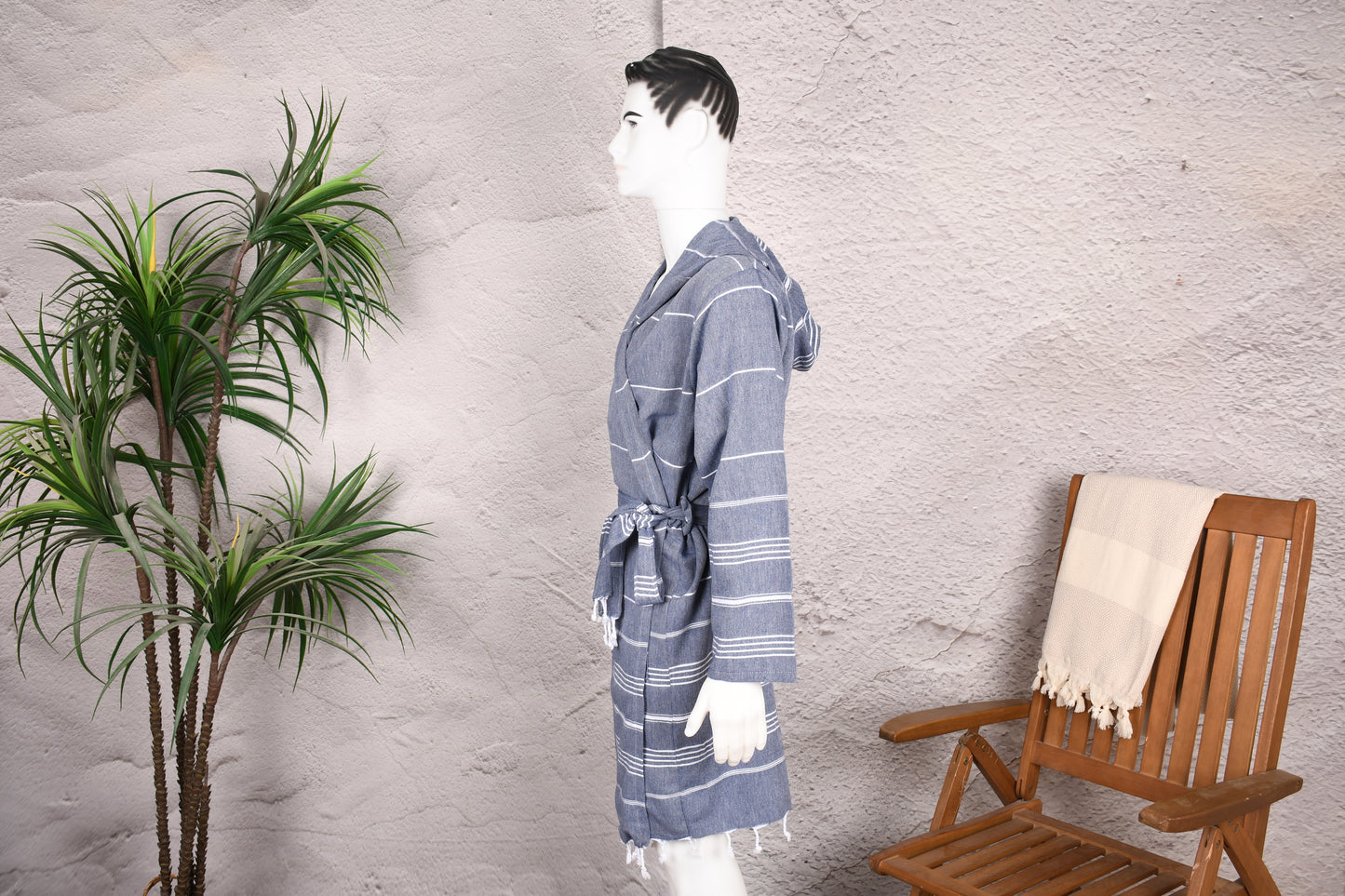 Slate Blue Classic Stripe Hooded Turkish Towel Robe for Men