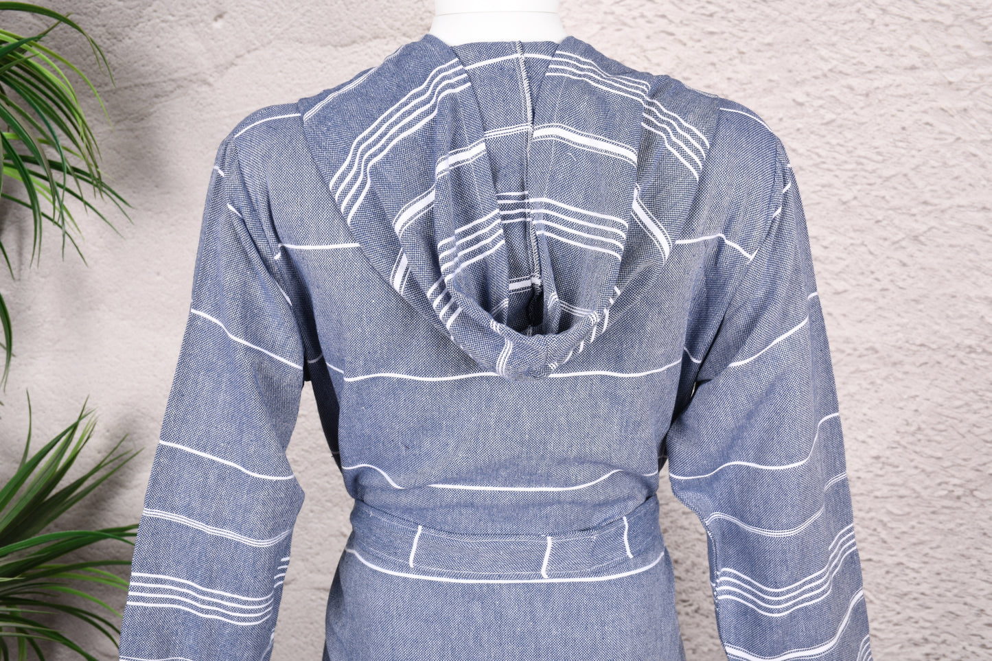 Slate Blue Classic Stripe Hooded Turkish Towel Robe for Men