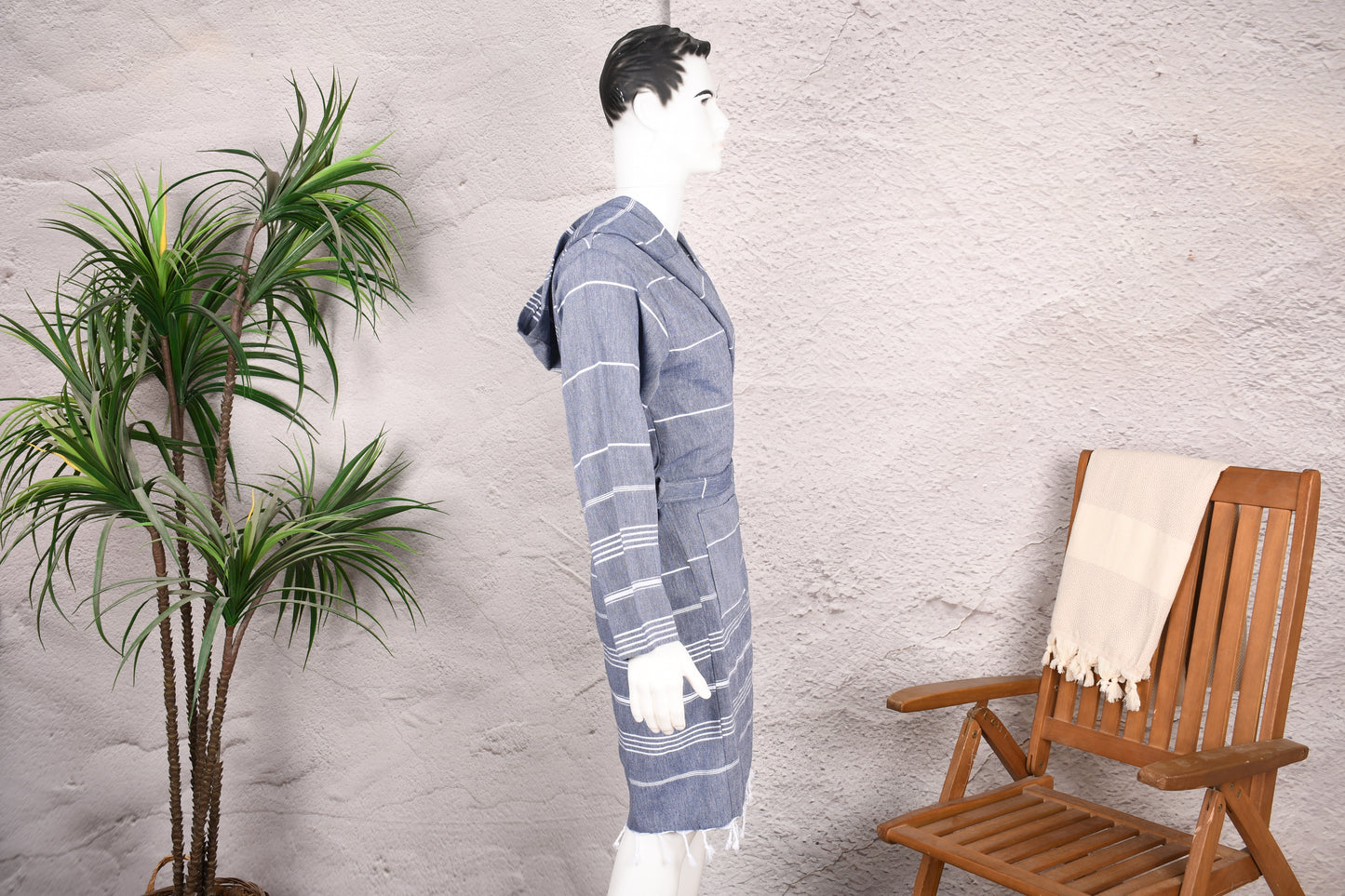 Denim Blue Minimal Stripe Hooded Turkish Towel Robe for Men
