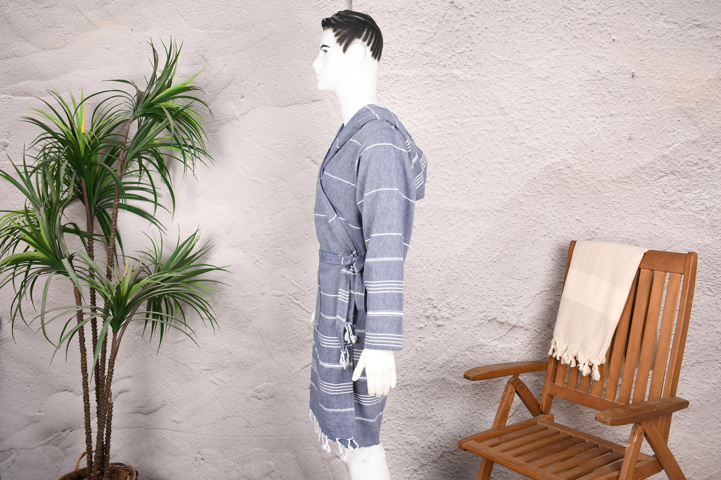 Denim Blue Minimal Stripe Hooded Turkish Towel Robe for Men