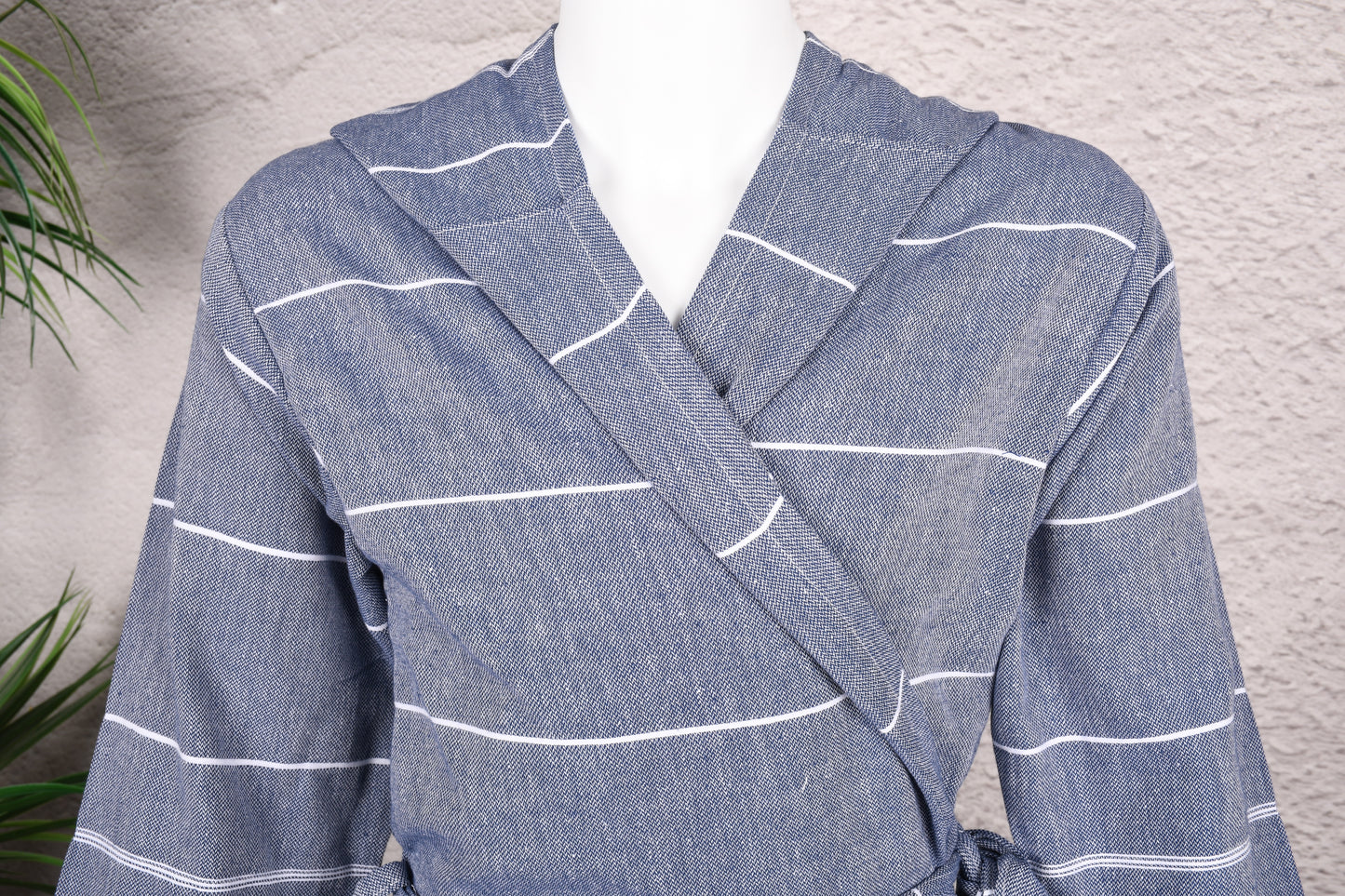 Denim Blue Minimal Stripe Hooded Turkish Towel Robe for Men