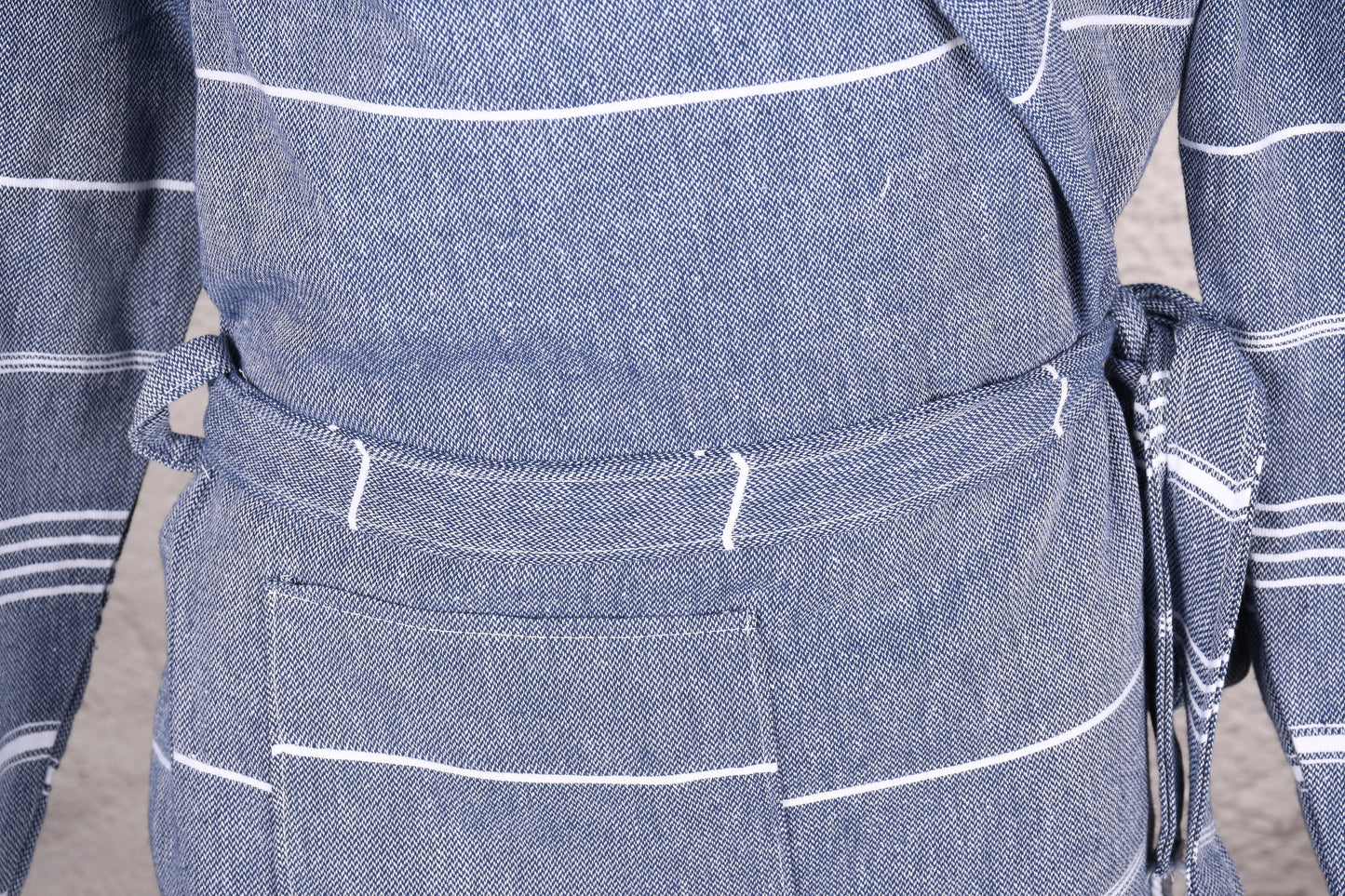Denim Blue Minimal Stripe Hooded Turkish Towel Robe for Men