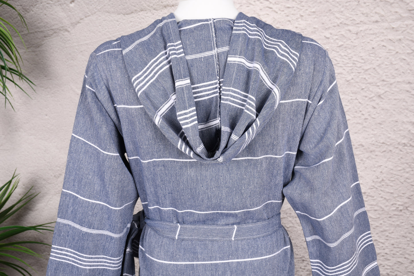 Denim Blue Minimal Stripe Hooded Turkish Towel Robe for Men