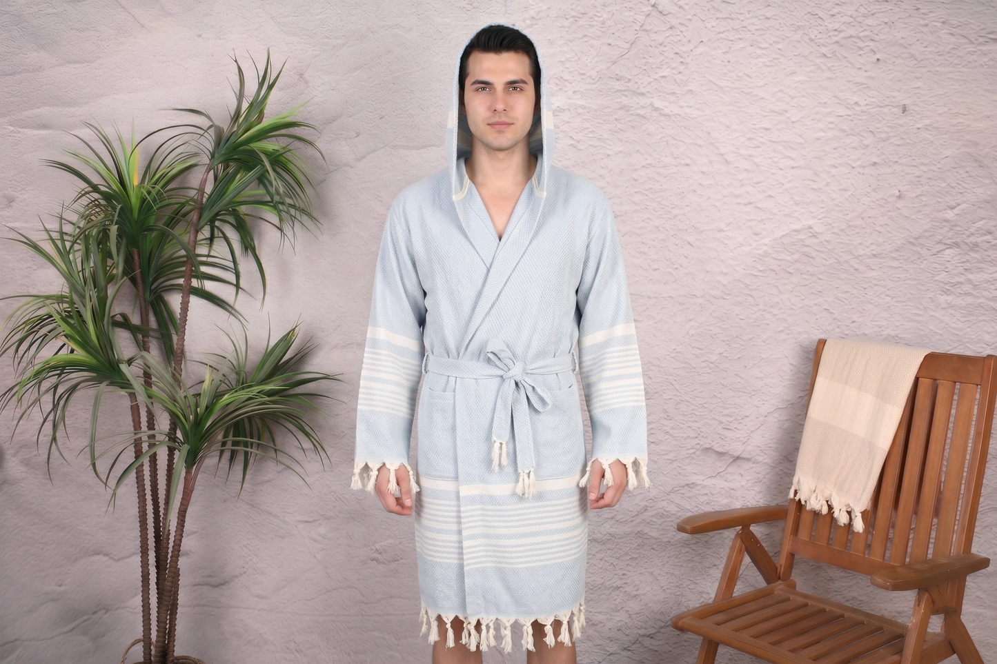 Pale Blue Herringbone Hooded Turkish Towel Robe for Men
