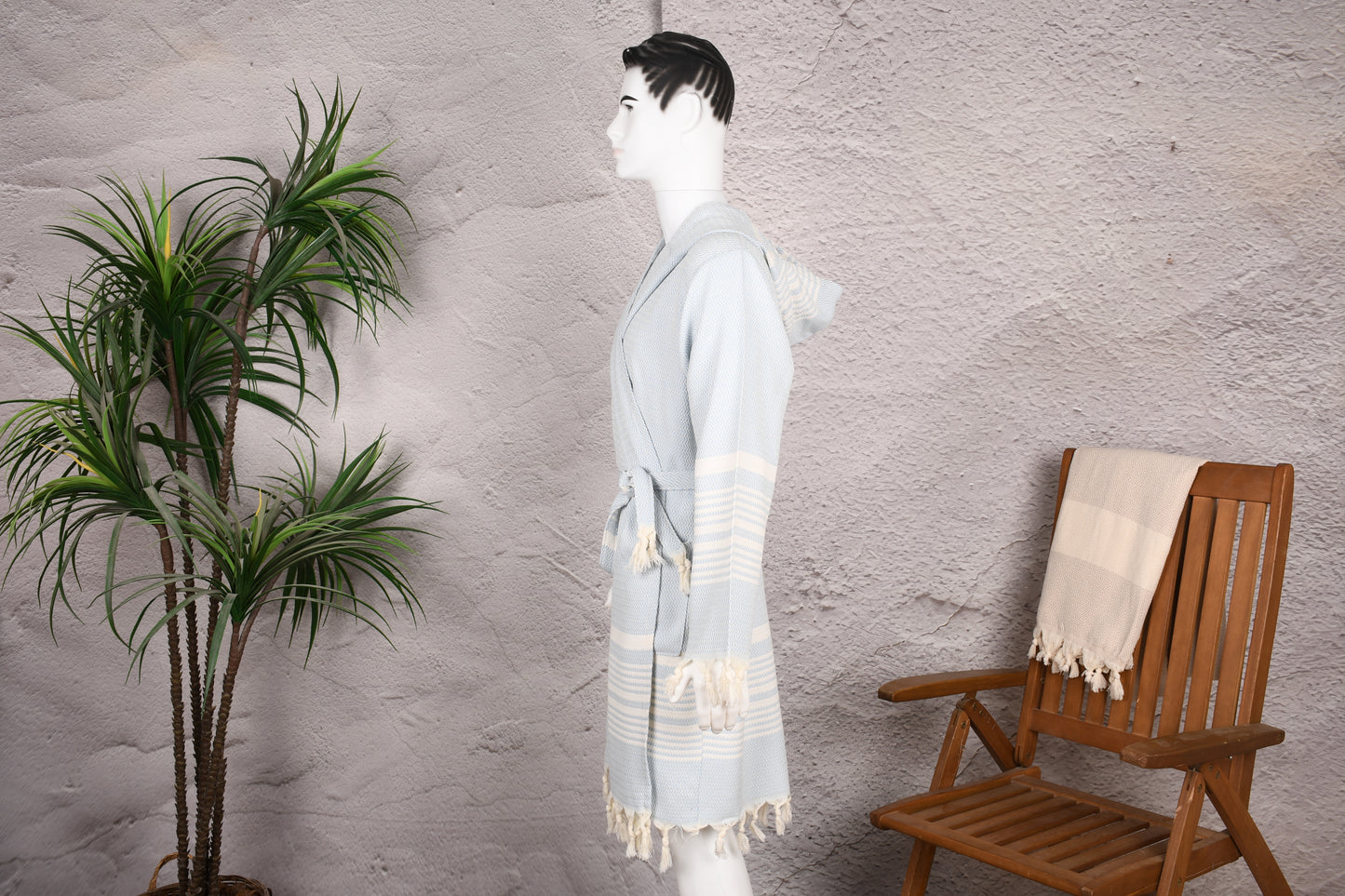 Pale Blue Herringbone Hooded Turkish Towel Robe for Men