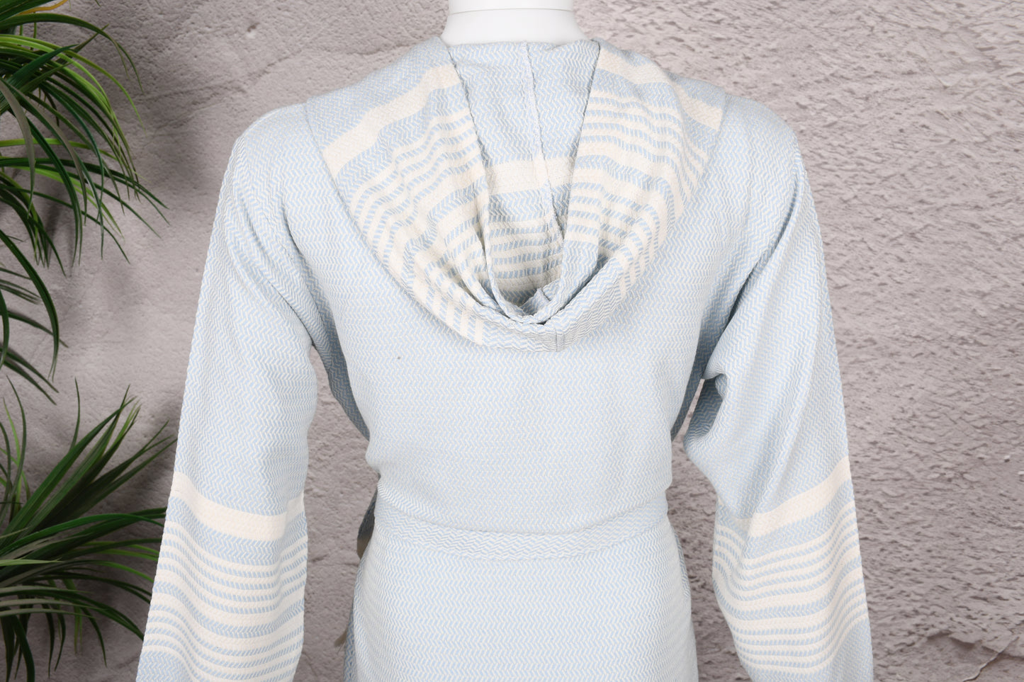Pale Blue Herringbone Hooded Turkish Towel Robe for Men