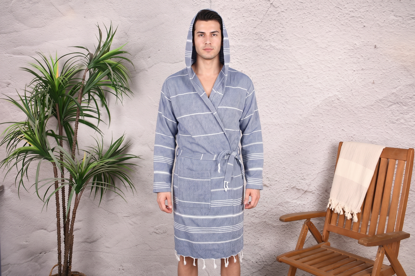 Indigo Stripe Hooded Turkish Towel Robe for Men
