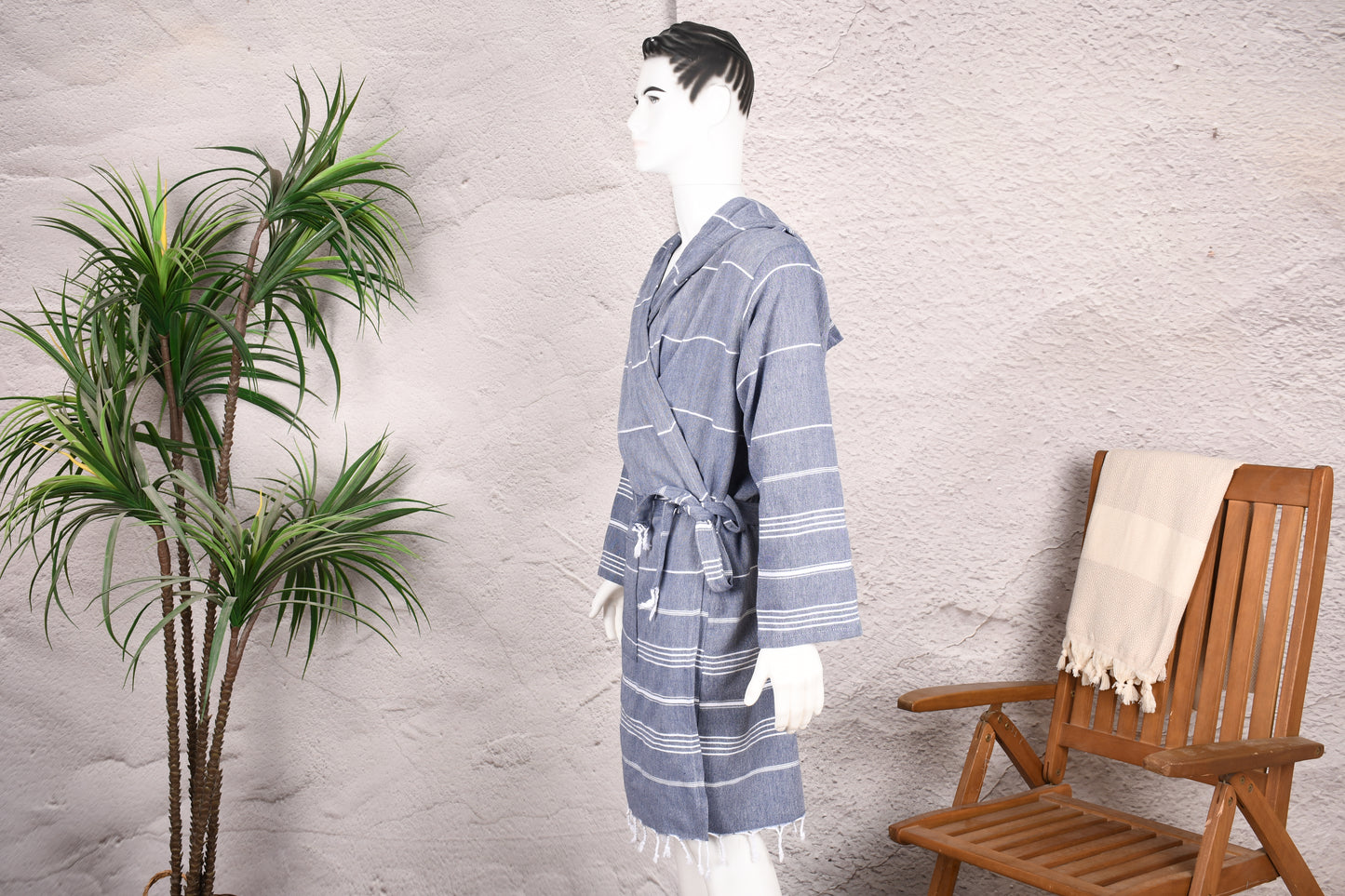 Indigo Stripe Hooded Turkish Towel Robe for Men