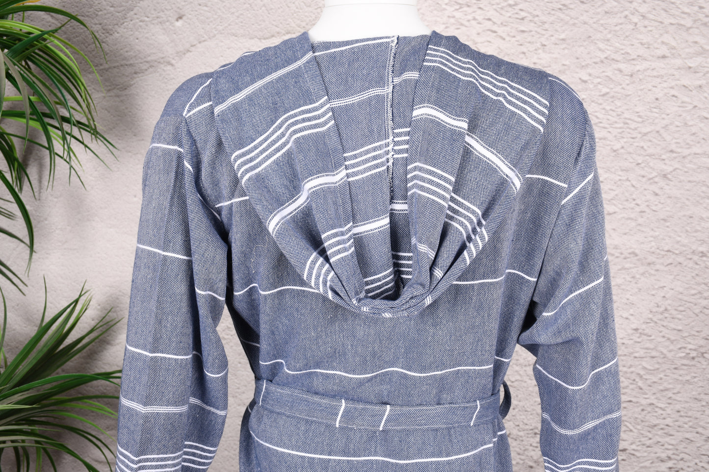 Indigo Stripe Hooded Turkish Towel Robe for Men