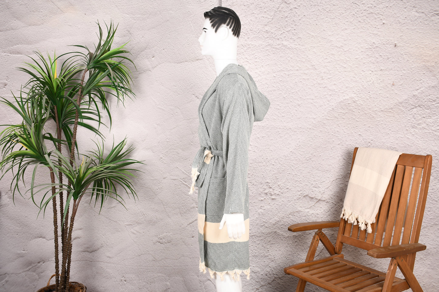 Sage Diamond Hooded Turkish Towel Robe for Men