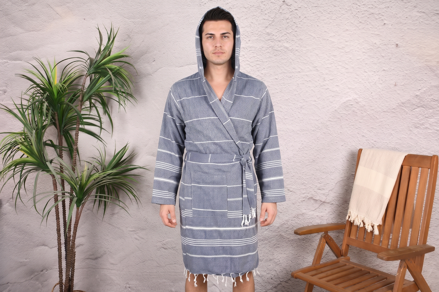 Navy Thin Stripe Hooded Turkish Towel Robe for Men