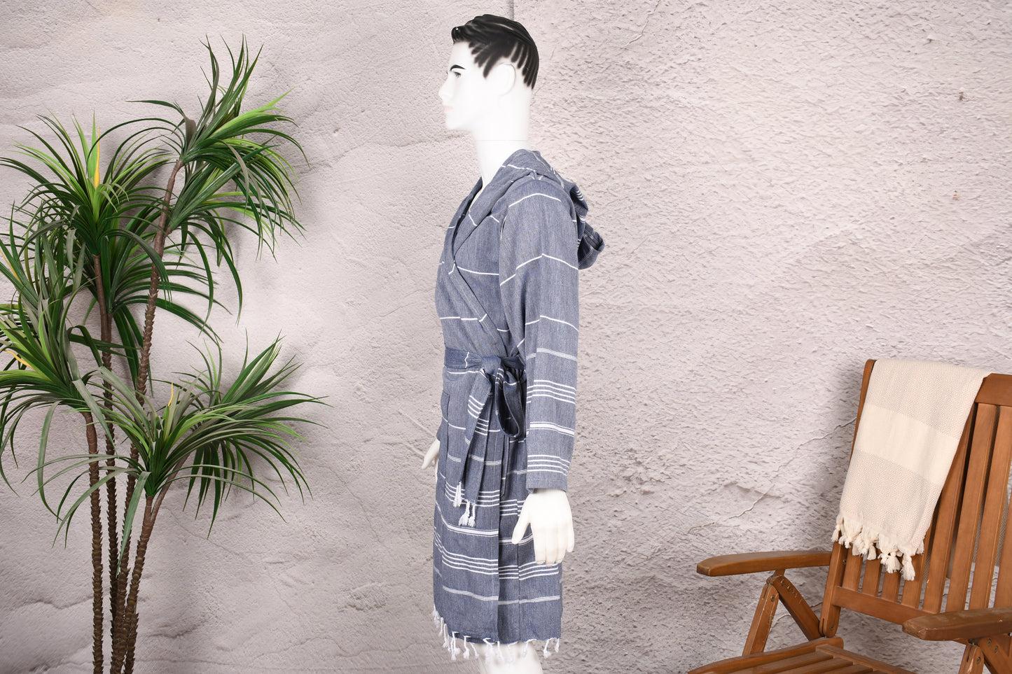 Navy Thin Stripe Hooded Turkish Towel Robe for Men