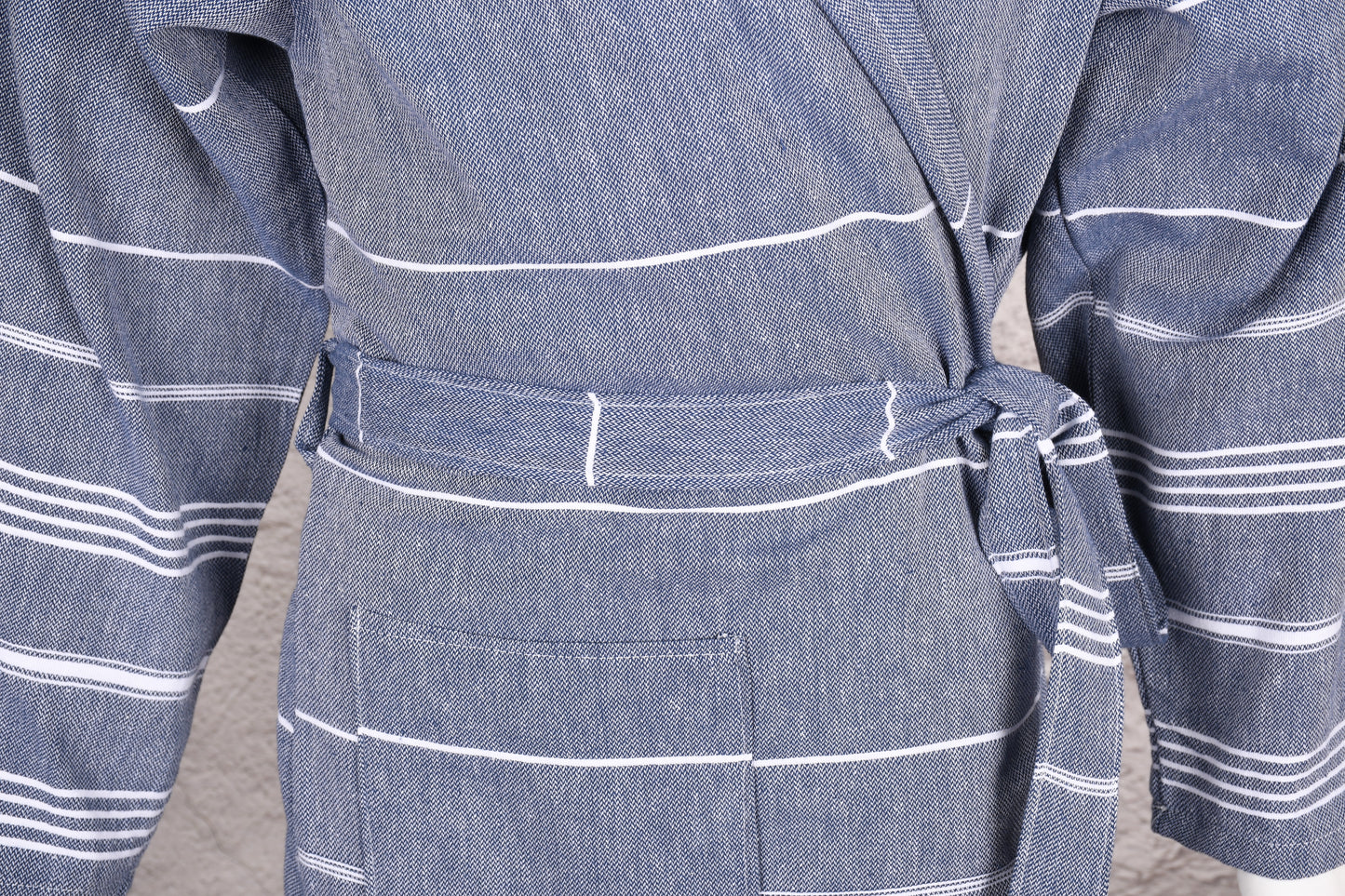 Navy Thin Stripe Hooded Turkish Towel Robe for Men
