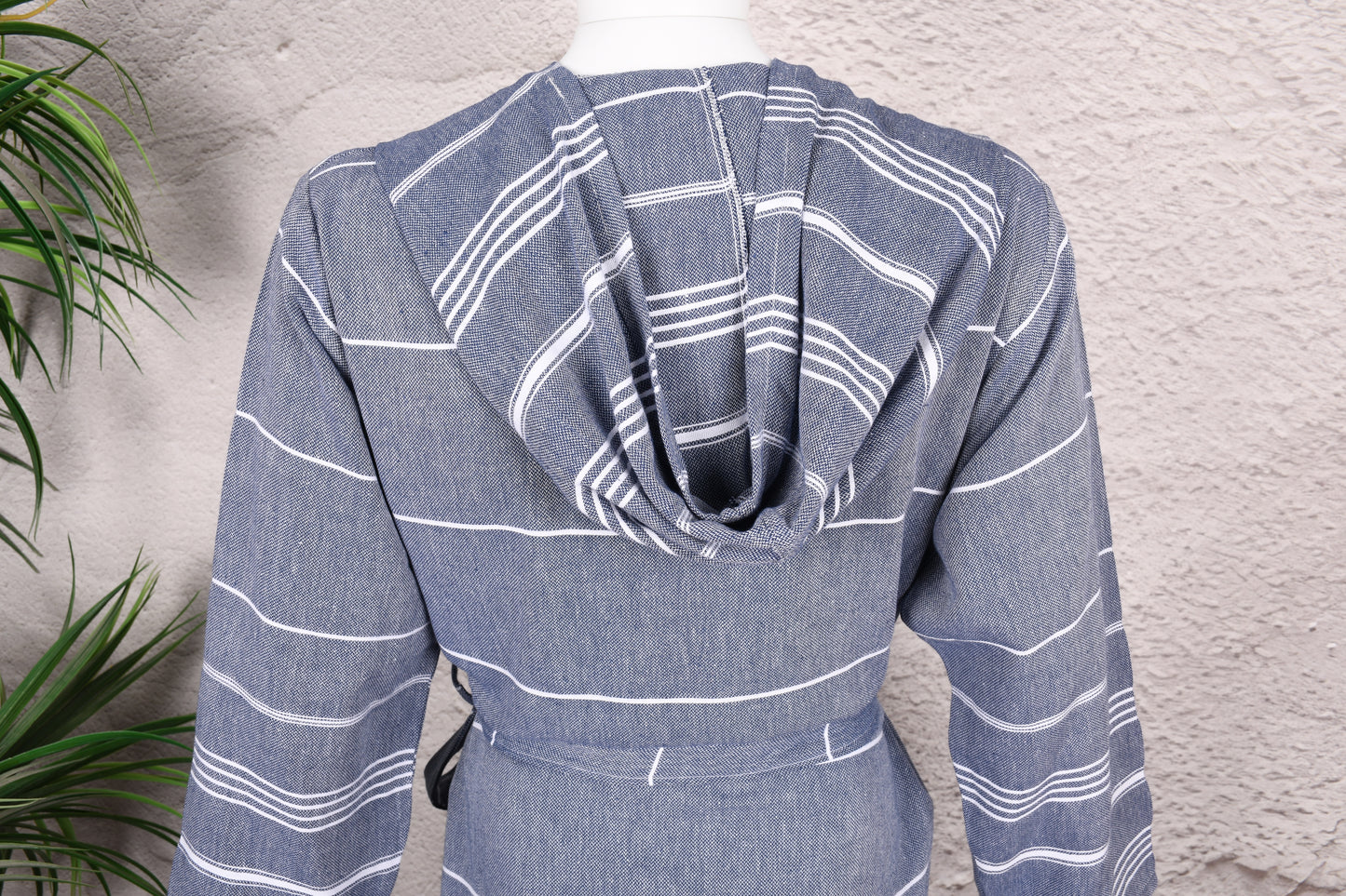 Navy Thin Stripe Hooded Turkish Towel Robe for Men