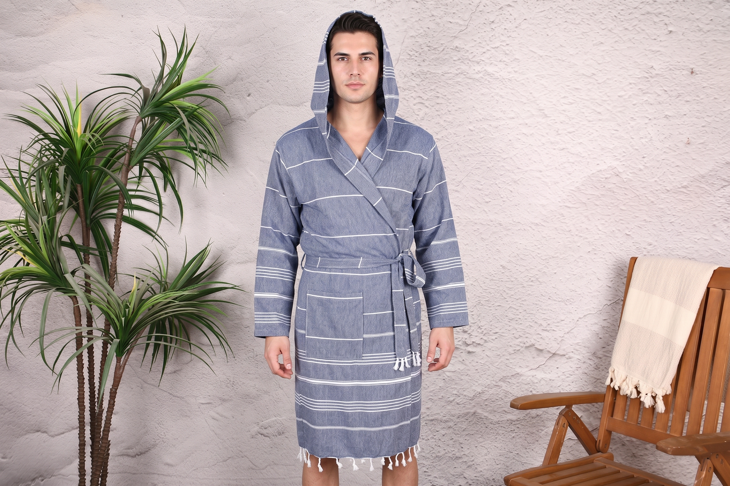 Charcoal Blue Stripe Hooded Turkish Towel Robe for Men