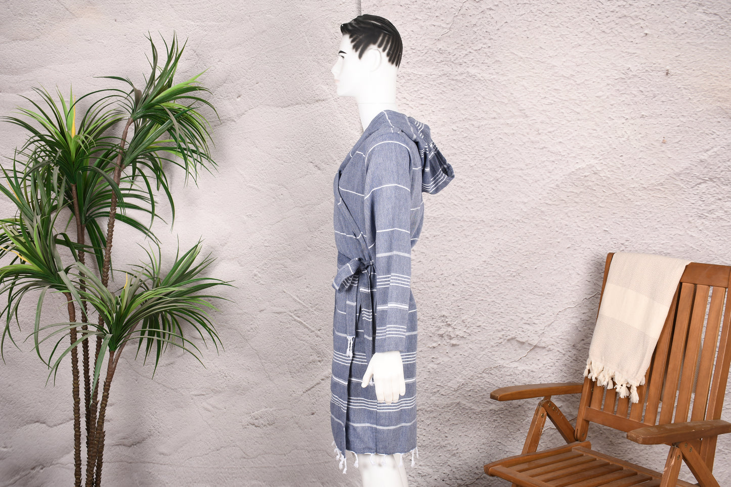 Charcoal Blue Stripe Hooded Turkish Towel Robe for Men