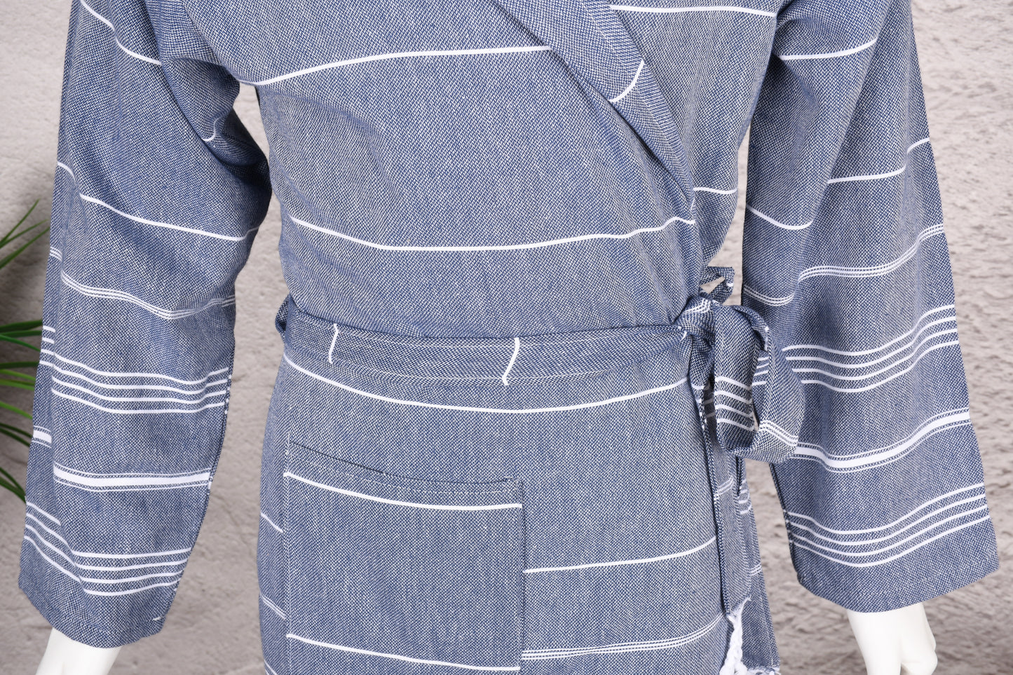 Charcoal Blue Stripe Hooded Turkish Towel Robe for Men