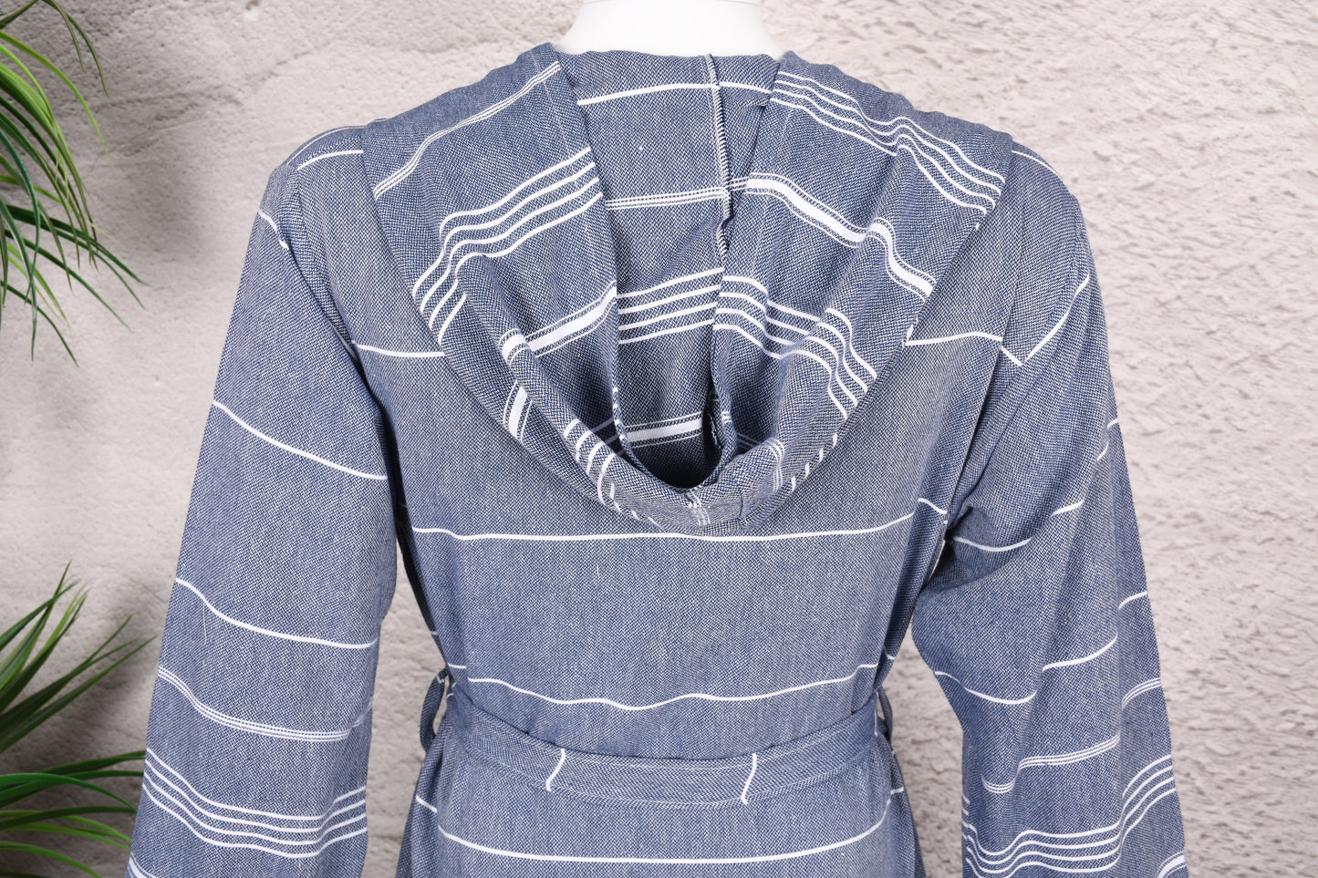 Charcoal Blue Stripe Hooded Turkish Towel Robe for Men