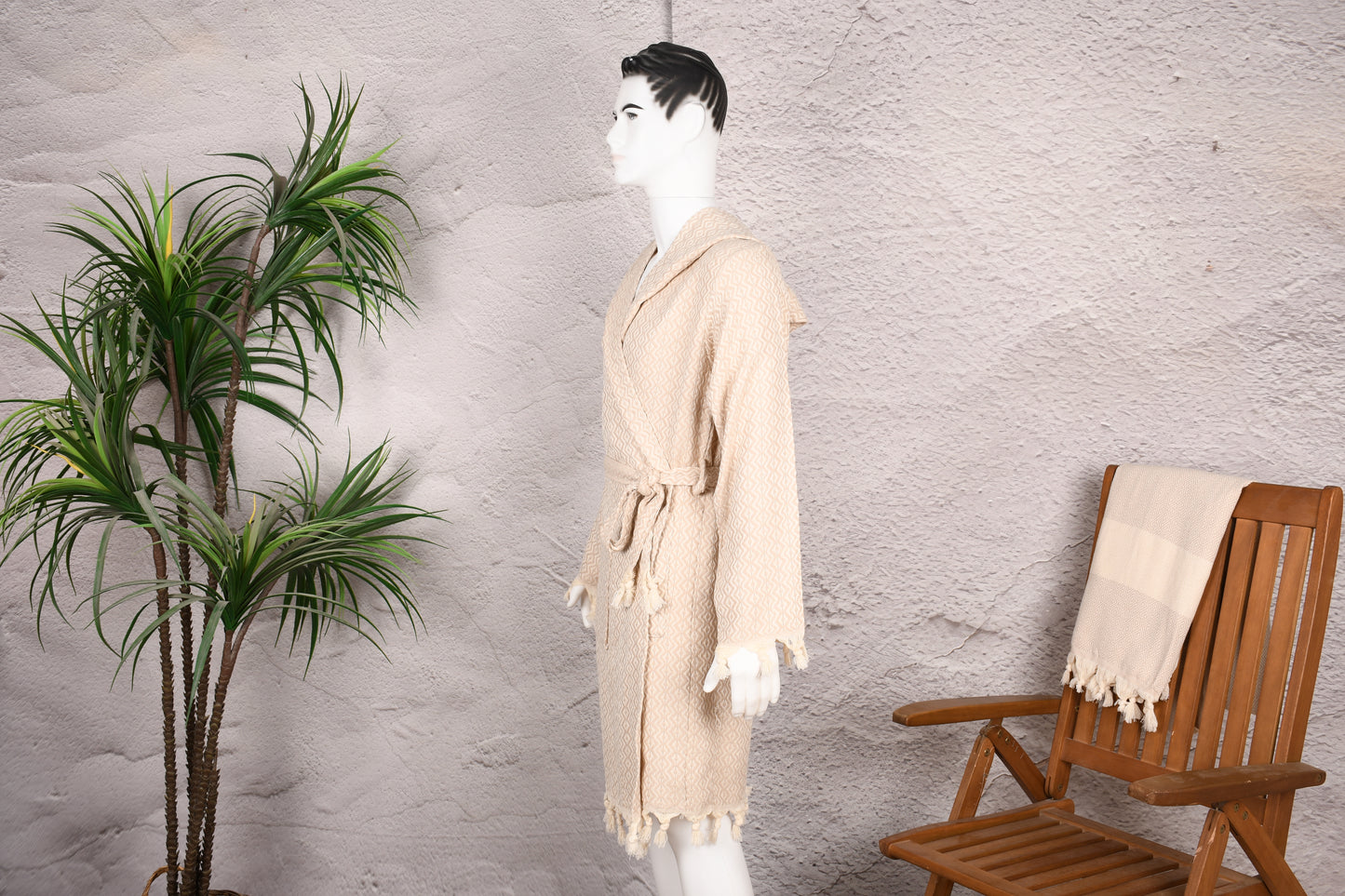 Natural Beige Diamond Hooded Turkish Towel Robe for Men