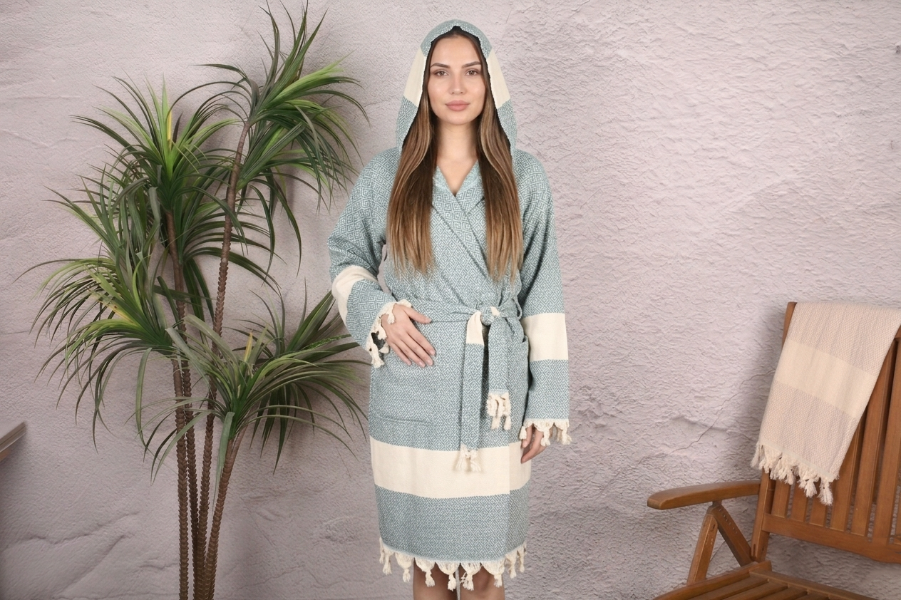 Sage Blue Diamond Hooded Turkish Towel Robe for Women