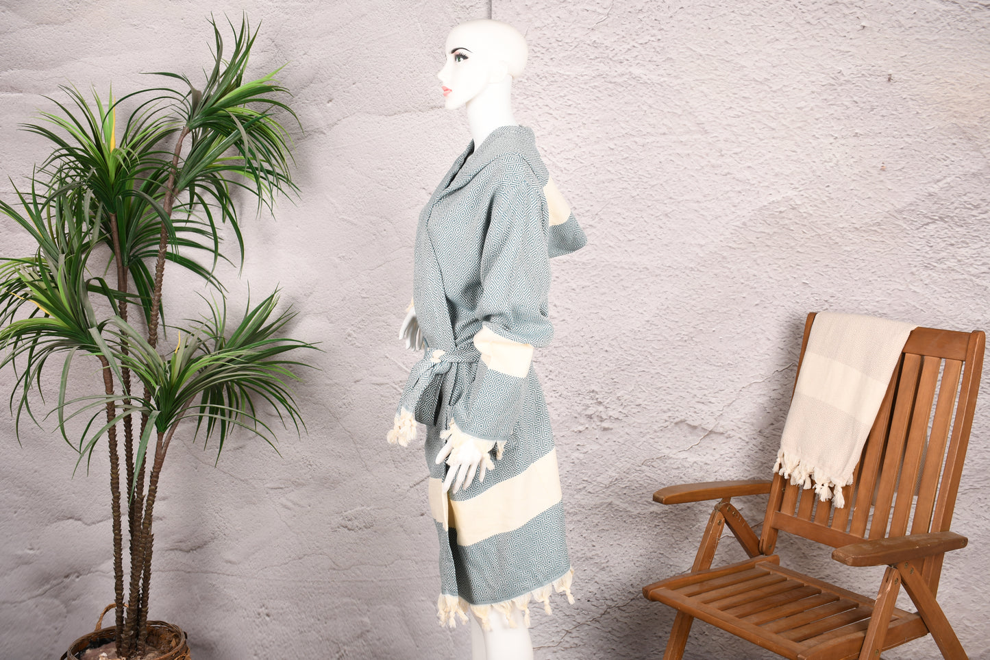 Sage Blue Diamond Hooded Turkish Towel Robe for Women
