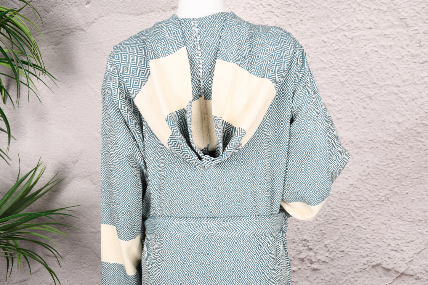 Sage Blue Diamond Hooded Turkish Towel Robe for Women