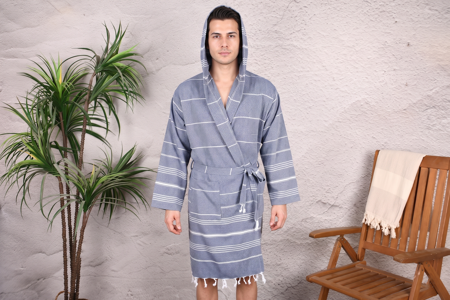 Steel Blue Wide Stripe Hooded Turkish Towel Robe for Men
