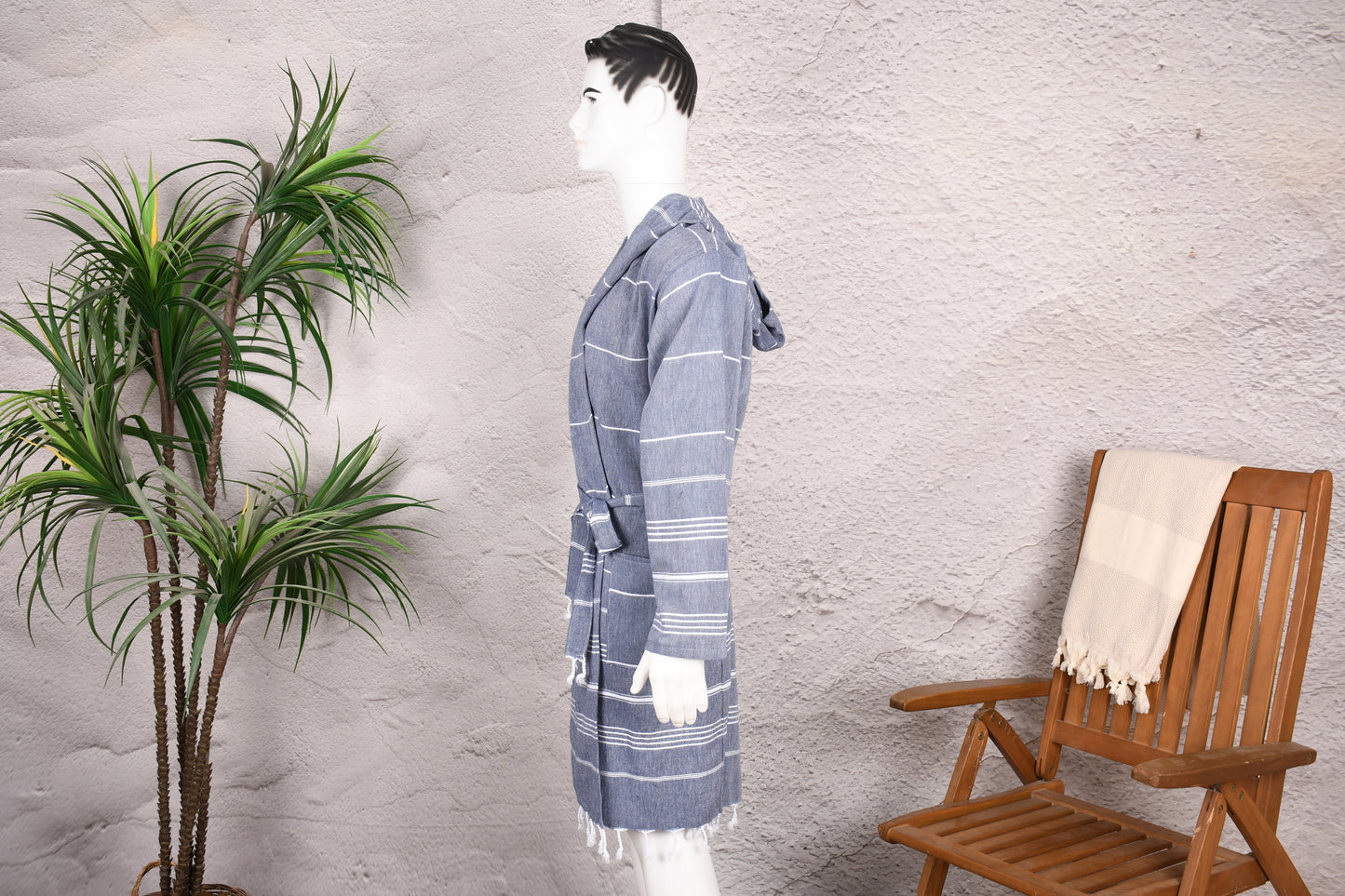 Steel Blue Wide Stripe Hooded Turkish Towel Robe for Men