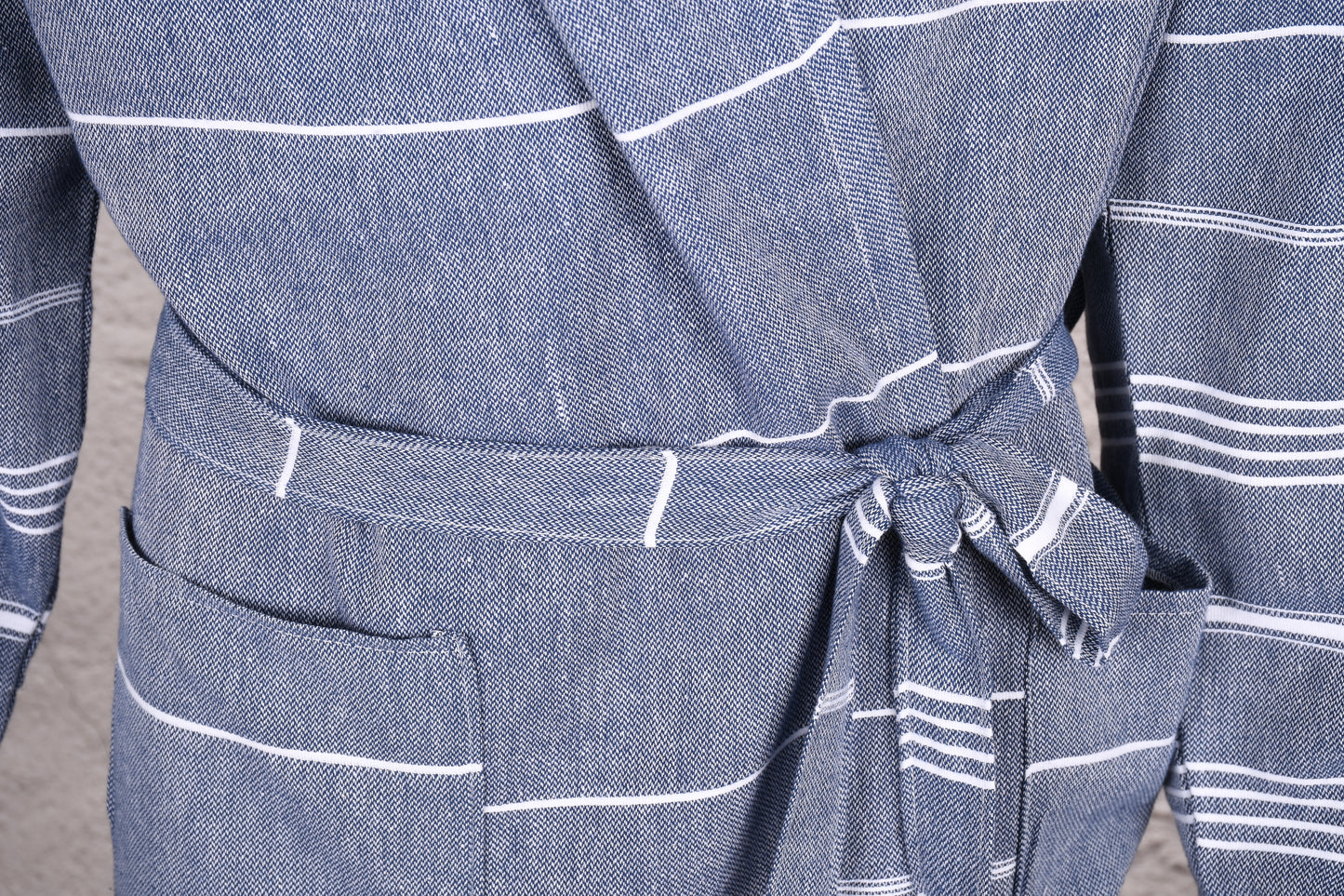 Steel Blue Wide Stripe Hooded Turkish Towel Robe for Men