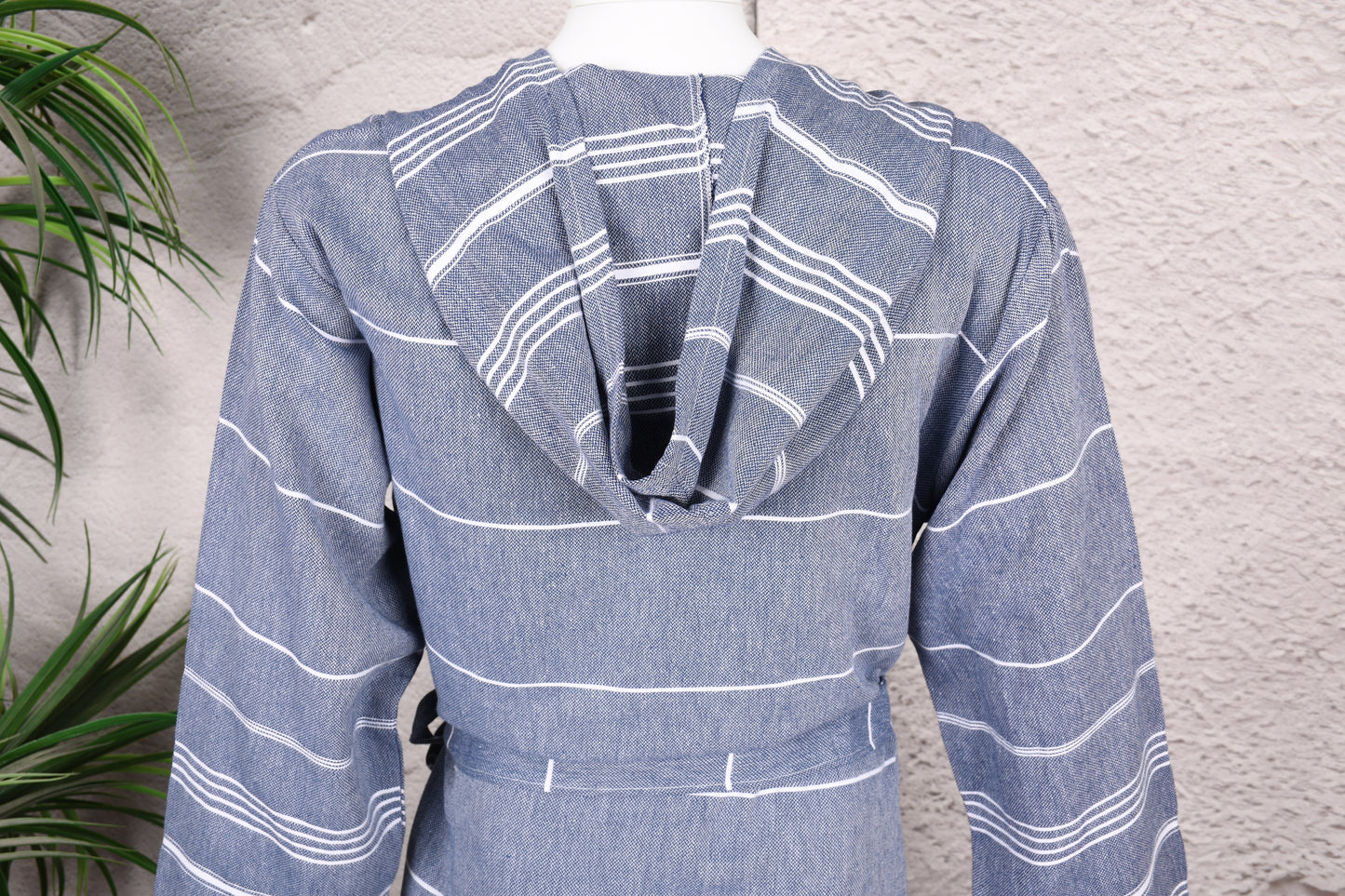 Steel Blue Wide Stripe Hooded Turkish Towel Robe for Men