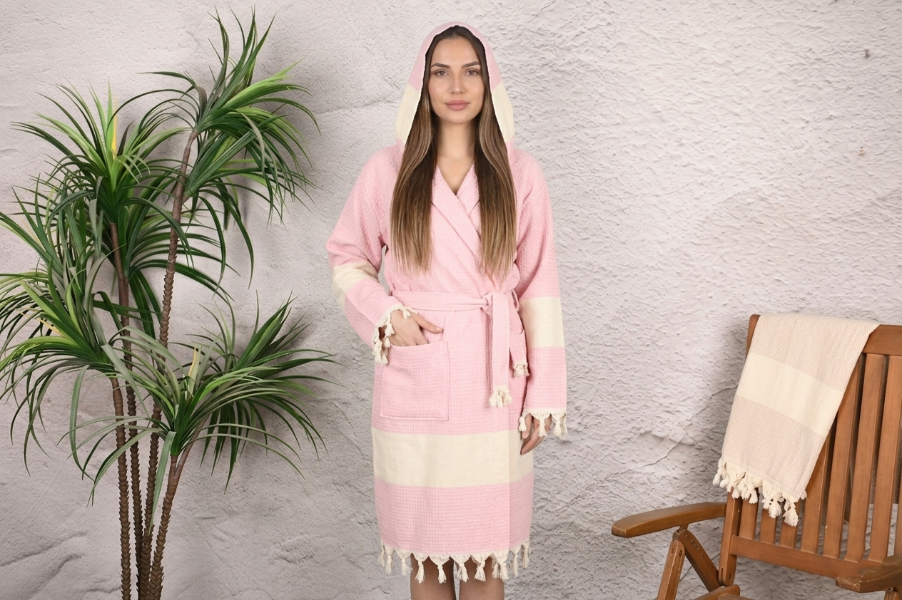 Pink Colorblock Hooded Turkish Towel Robe for Women