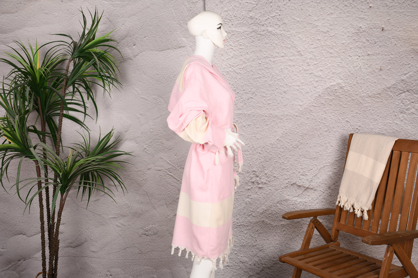 Pink Colorblock Hooded Turkish Towel Robe for Women