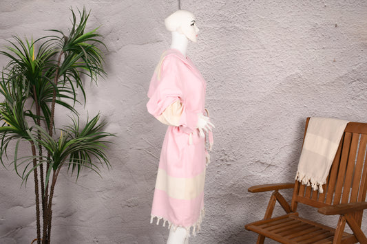 Pink Colorblock Kapuzen-Bademantel aus türkischem Frottee für Damen