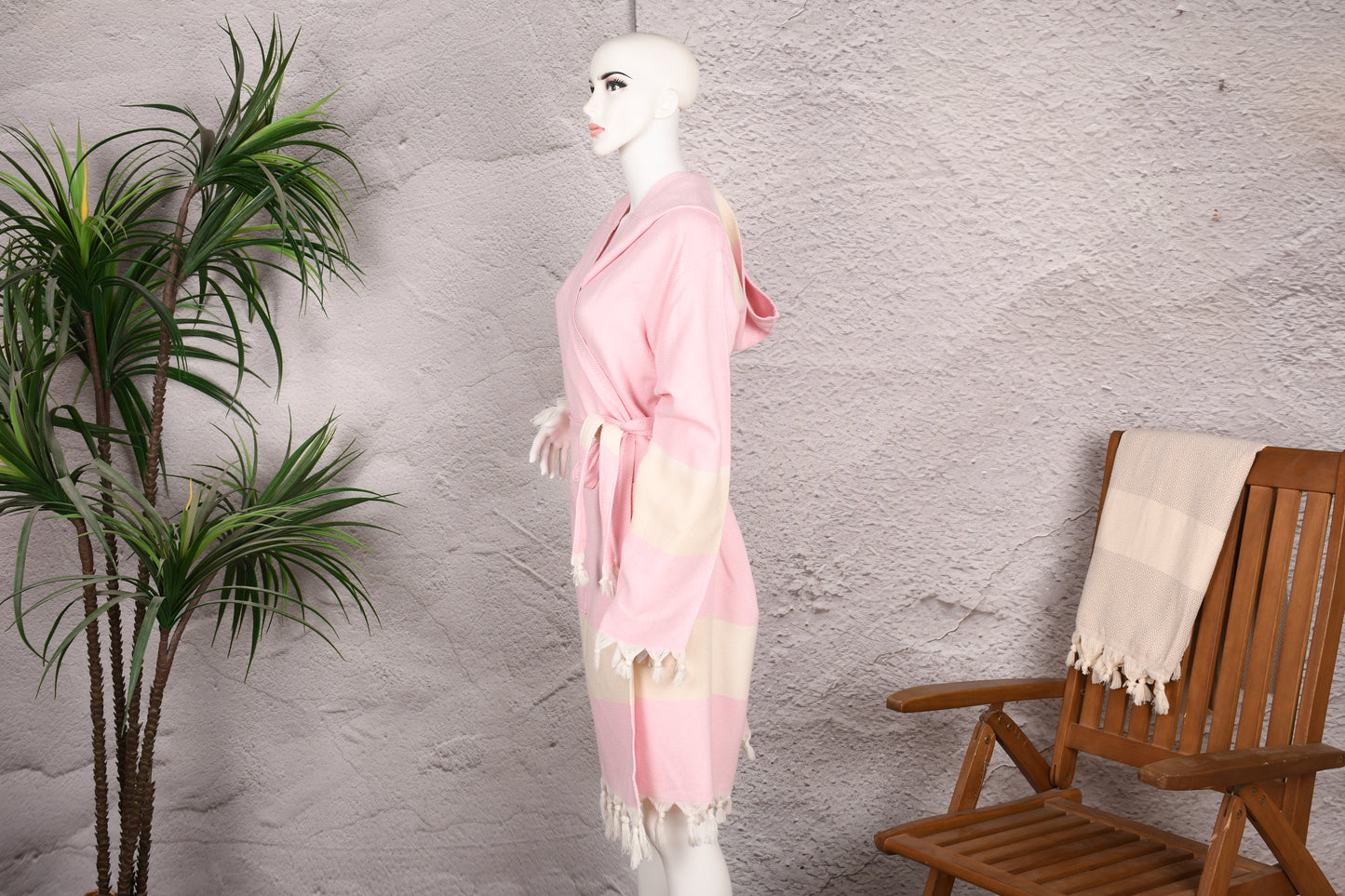 Pink Colorblock Hooded Turkish Towel Robe for Women