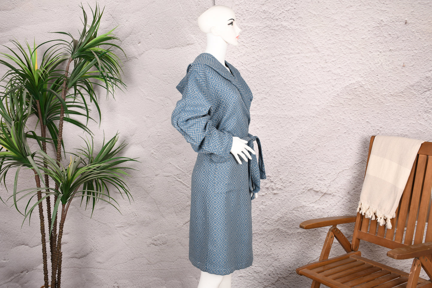 Denim Blue Diamond Hooded Turkish Towel Robe for Women