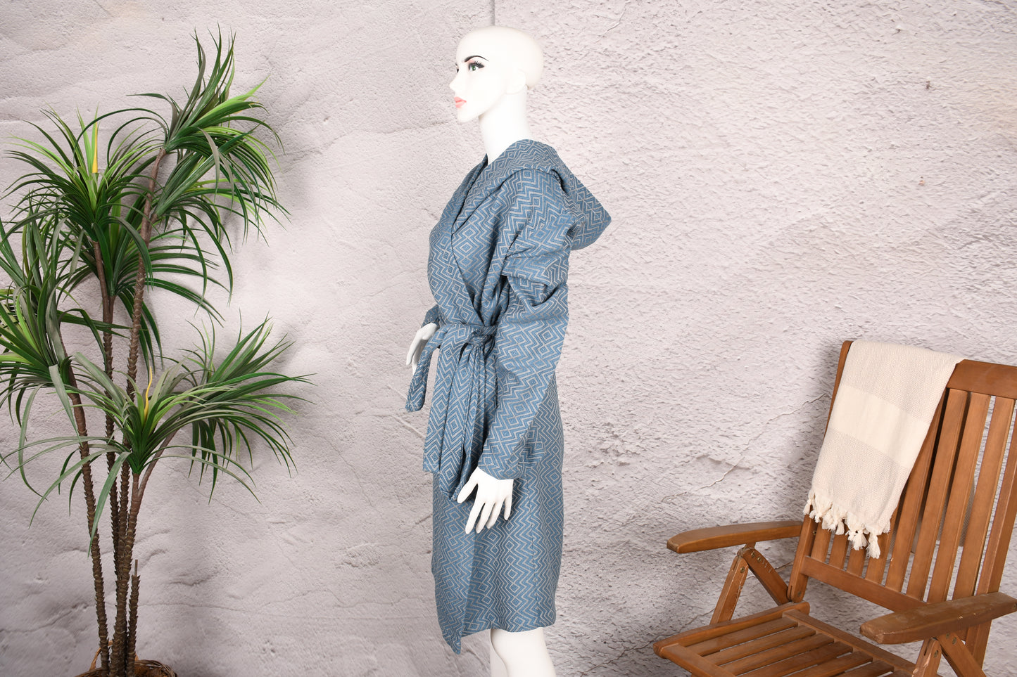 Denim Blue Diamond Hooded Turkish Towel Robe for Women