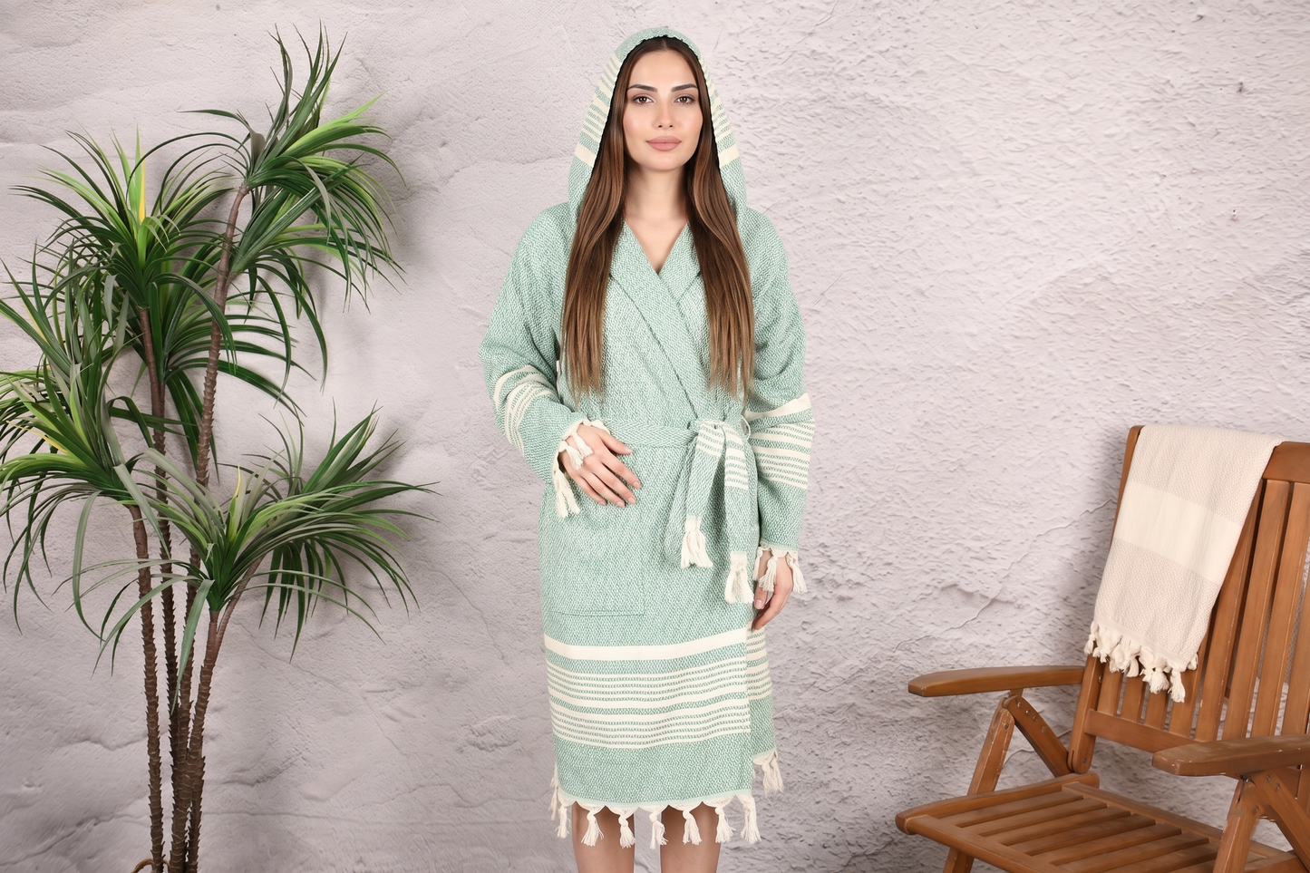 Mint Green Stripe Hooded Turkish Towel Robe for Women