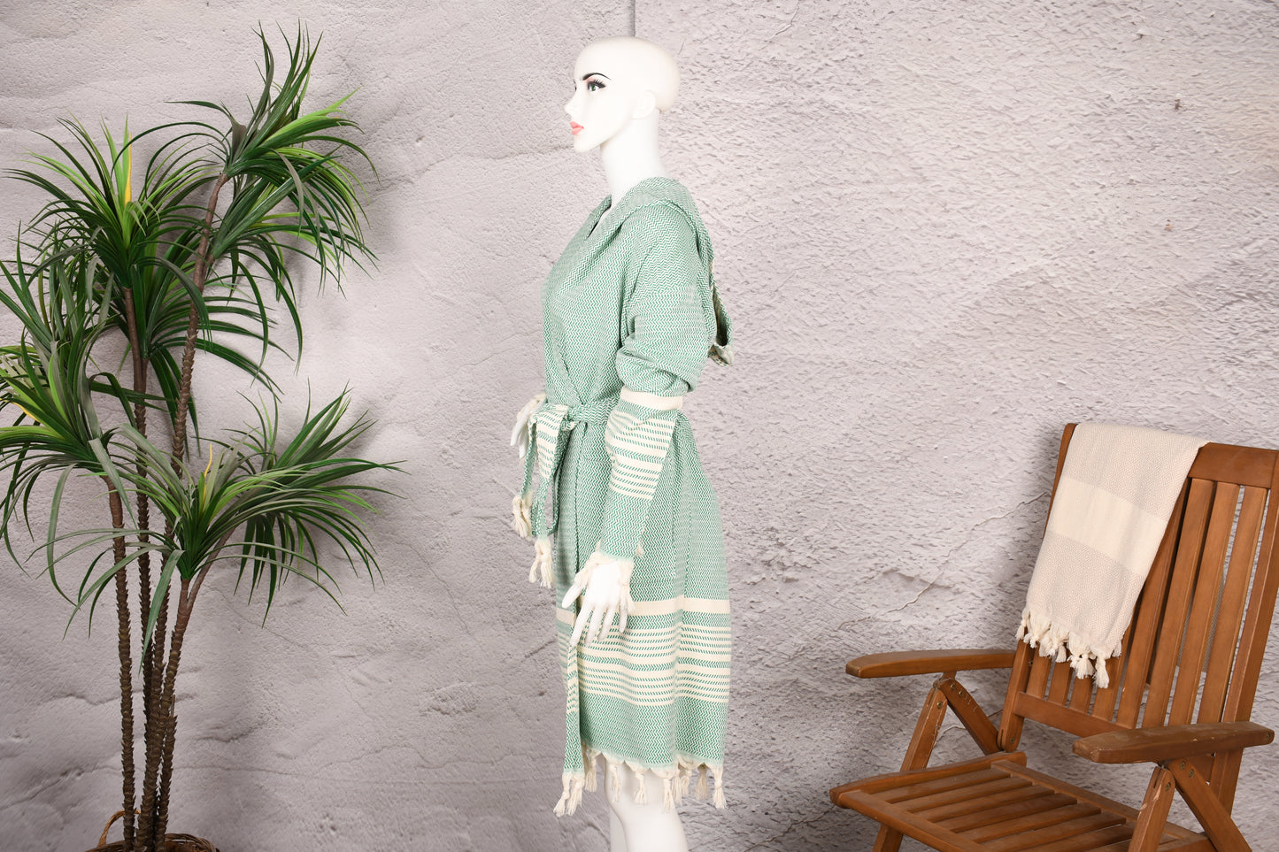 Mint Green Stripe Hooded Turkish Towel Robe for Women