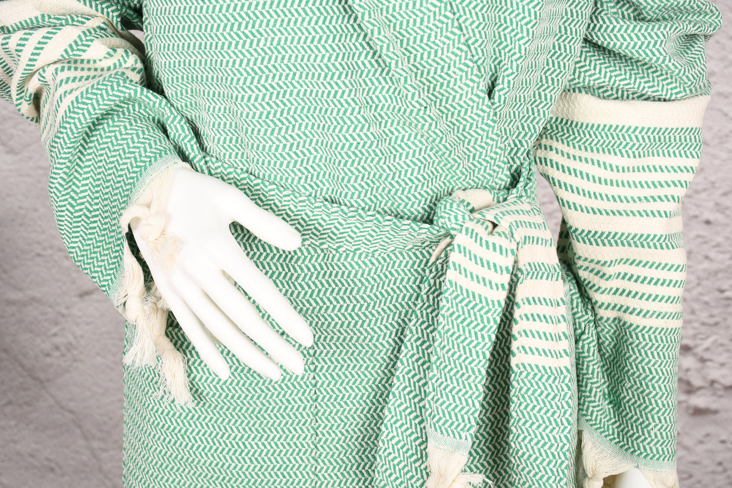 Mint Green Stripe Hooded Turkish Towel Robe for Women