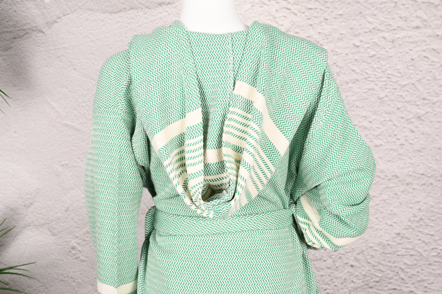 Mint Green Stripe Hooded Turkish Towel Robe for Women