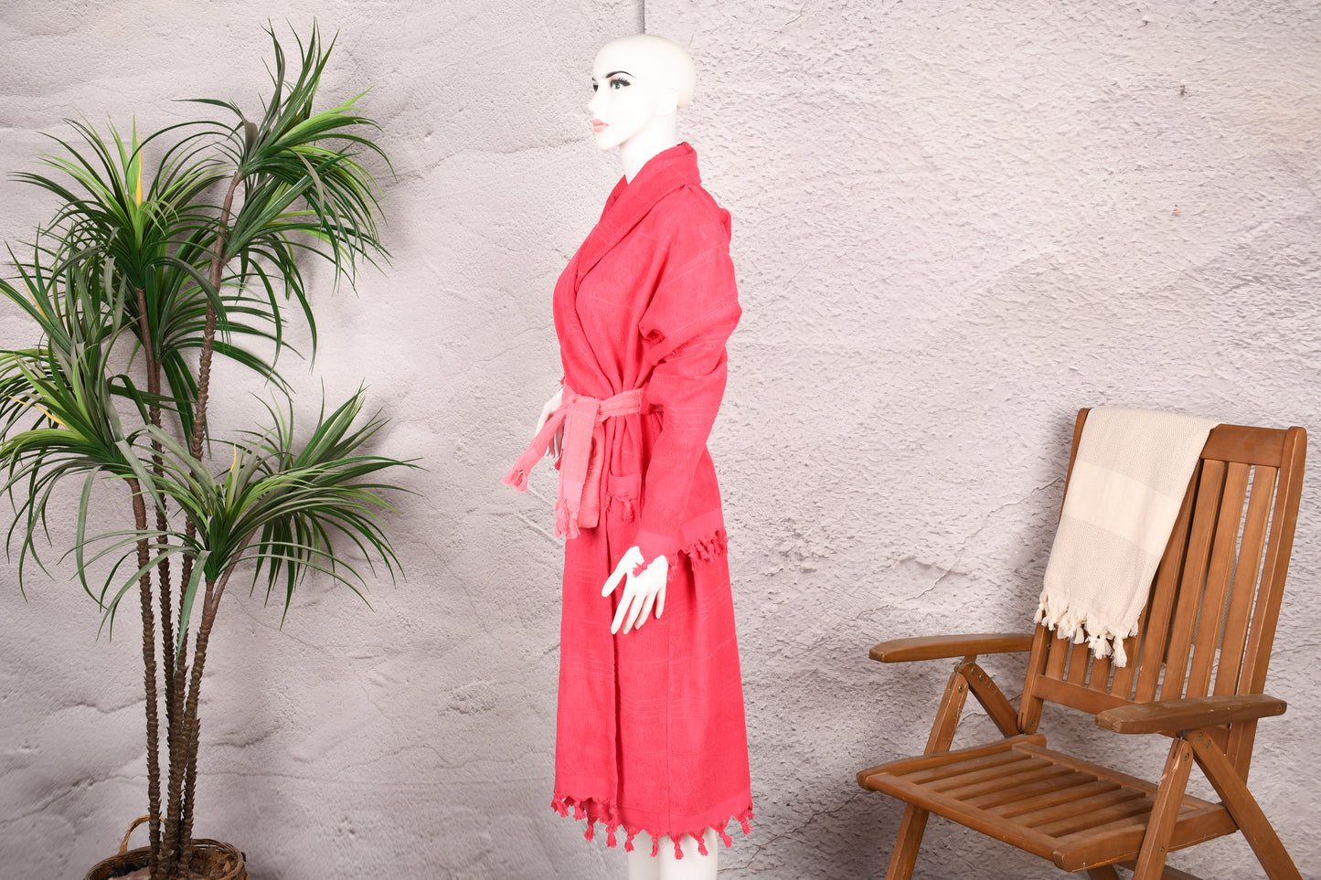 Coral Red Hooded Turkish Towel Robe for Women