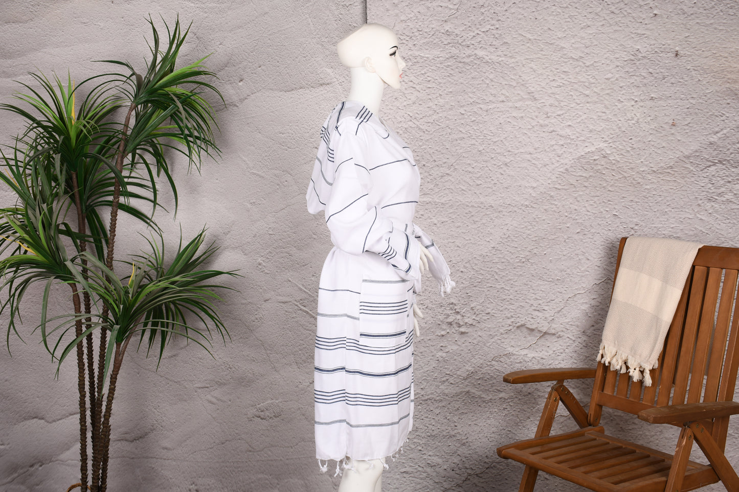White Navy Stripe Hooded Turkish Towel Robe for Women