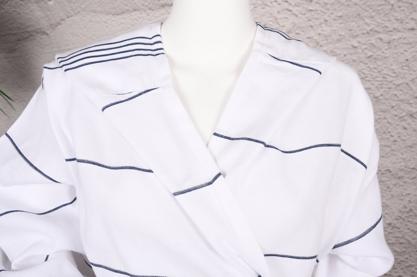 White Navy Stripe Hooded Turkish Towel Robe for Women