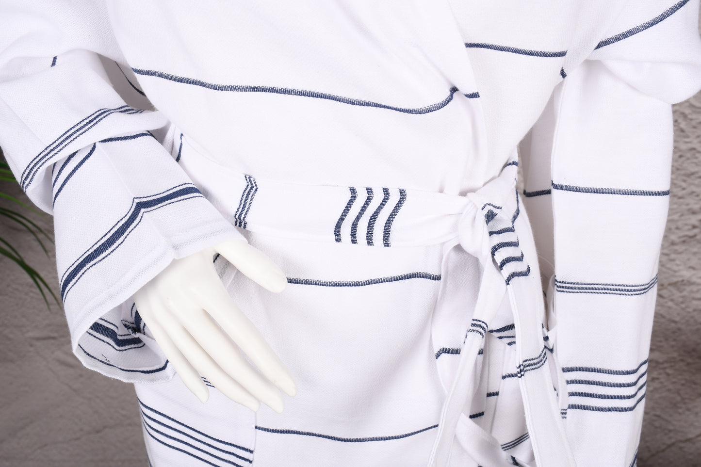 White Navy Stripe Hooded Turkish Towel Robe for Women