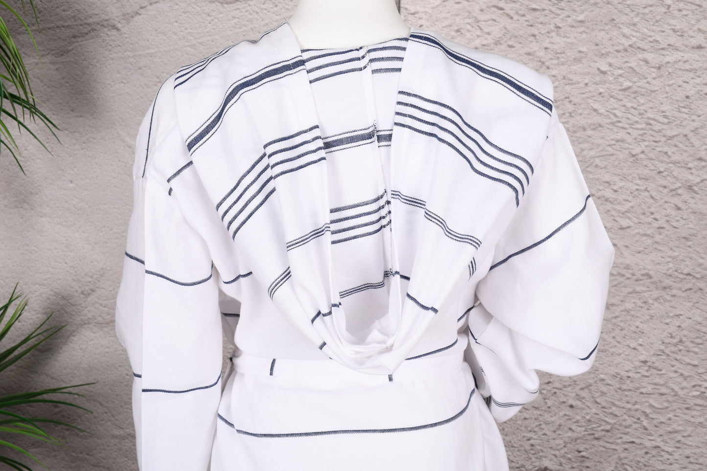 White Navy Stripe Hooded Turkish Towel Robe for Women